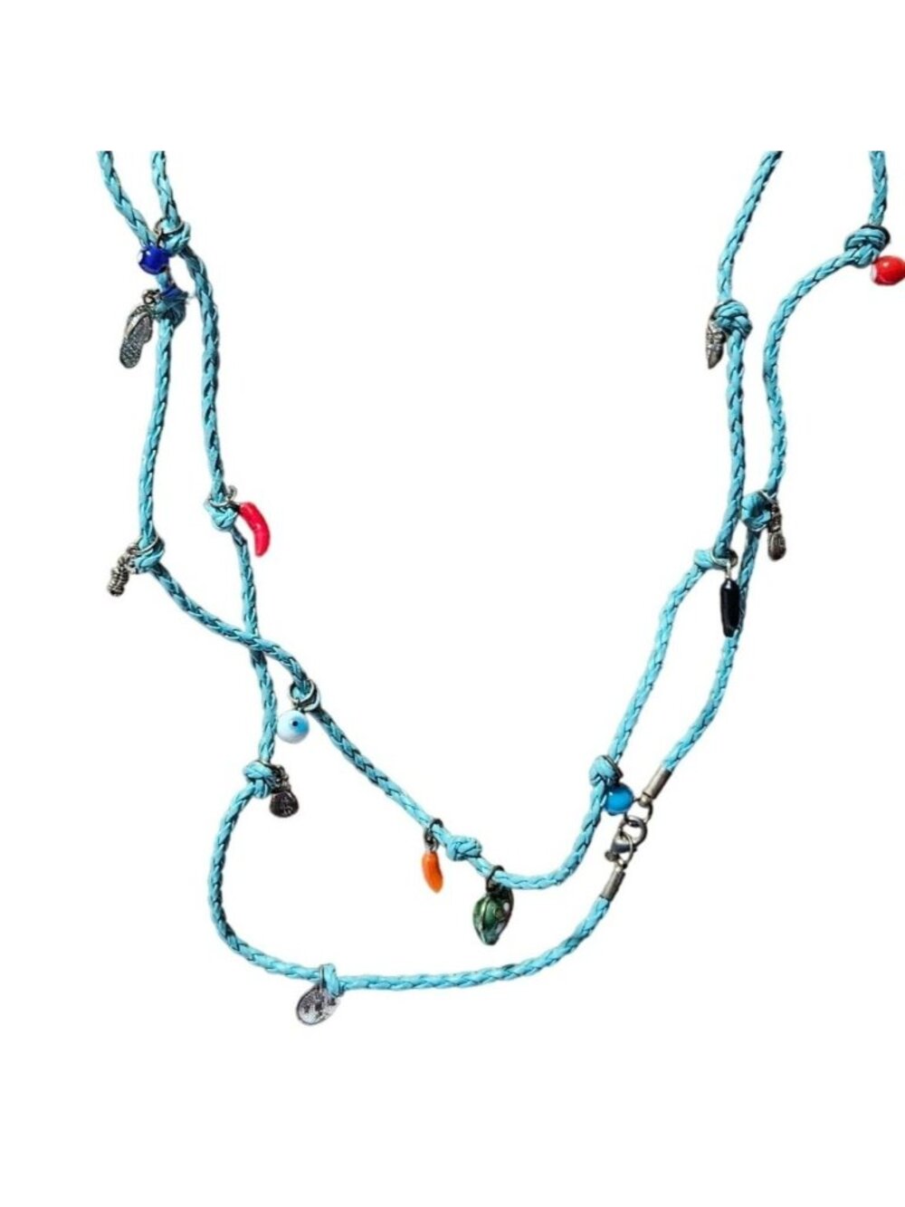 Handmade Charm Necklace Turquoise Braided Cord Assorted Beads Pendants Jewelry